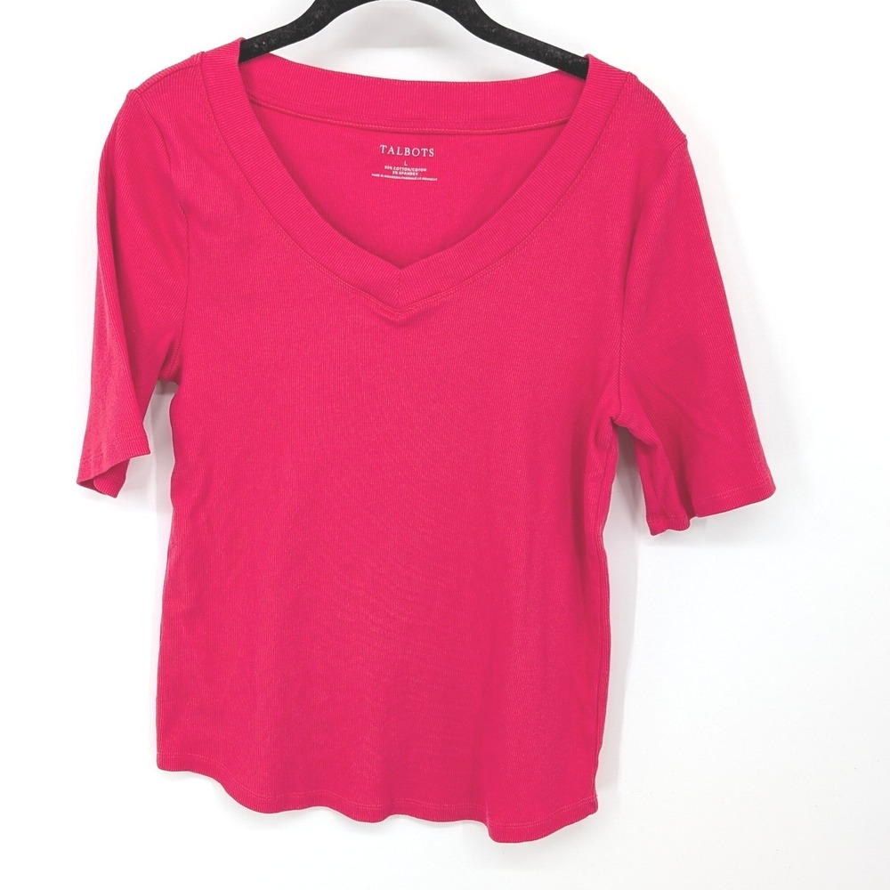 Talbots V-Neck Top Womens Large Purple Ribbed Short Sleeve Cotton Blend Stretch